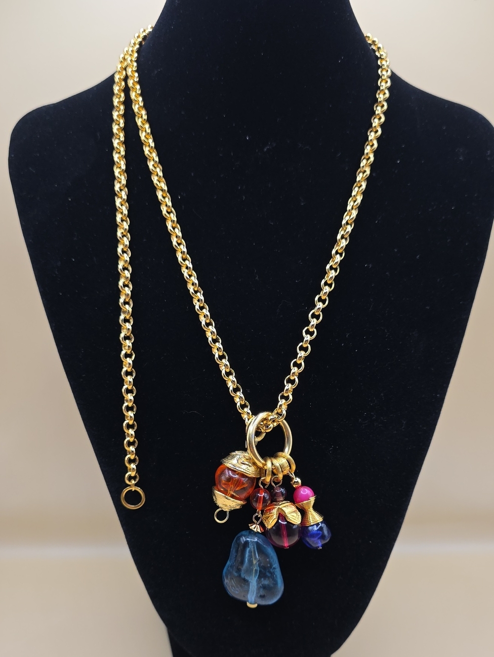 Gold-Tone Multi-Bead Charm Pendant Necklace - Blue & Amber